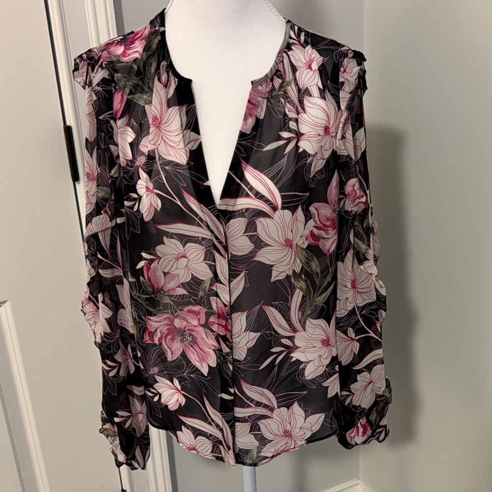 White House Black Market Floral V-Neck Blouse - Black and Pink